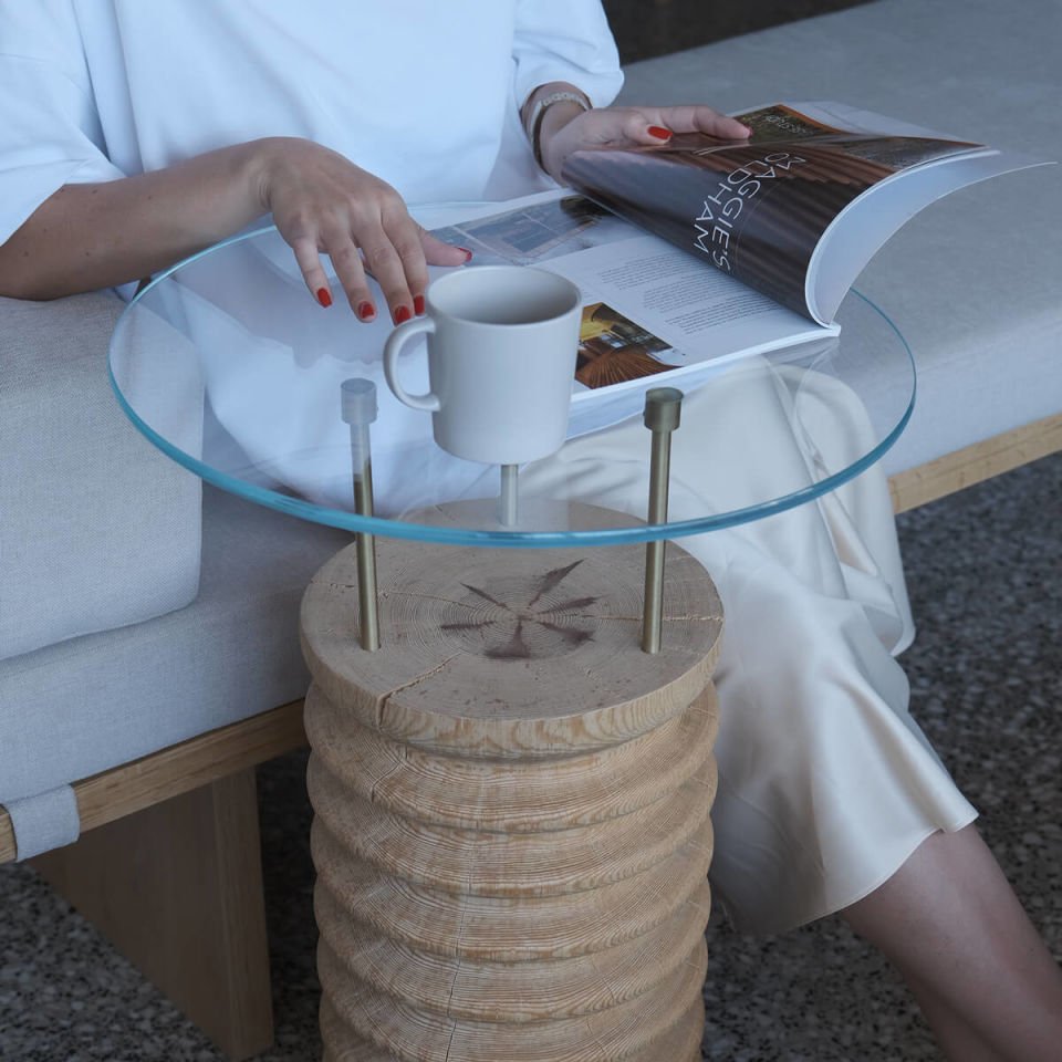 Round Glass, Cedar Side/Center Table – SOFRA Series