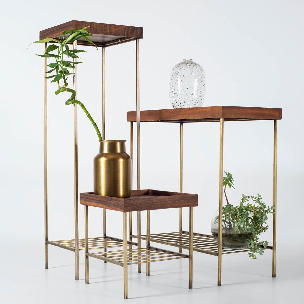 Masif Ceviz Yan Sehpa / Saksılık Set – EDGE AGED Serisi Gold Eskitme Ayaklı