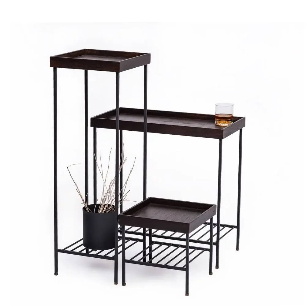 Masif Ahşap Yan Sehpa / Saksılık Set– EDGE Serisi, Metal Ayaklı Black - SİYAH