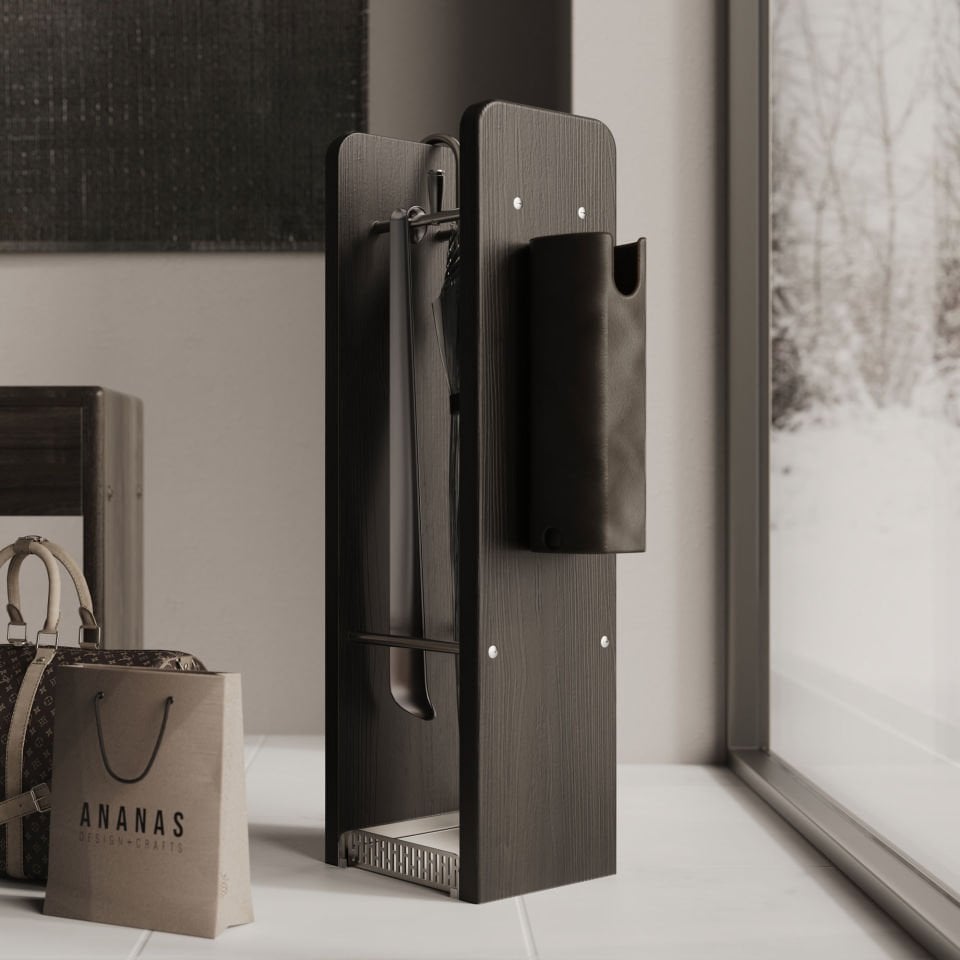 Solid Oak Umbrella Stand - HOL Series, Chrome Detailed Dark