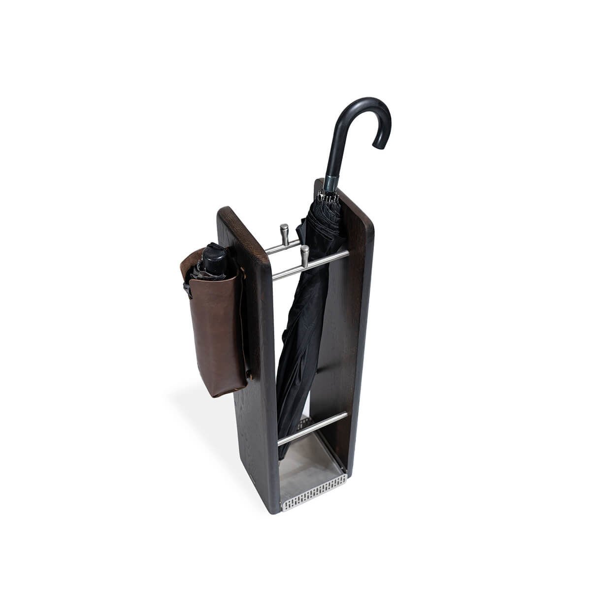 Solid Oak Umbrella Stand - HOL Series, Chrome Detailed Dark