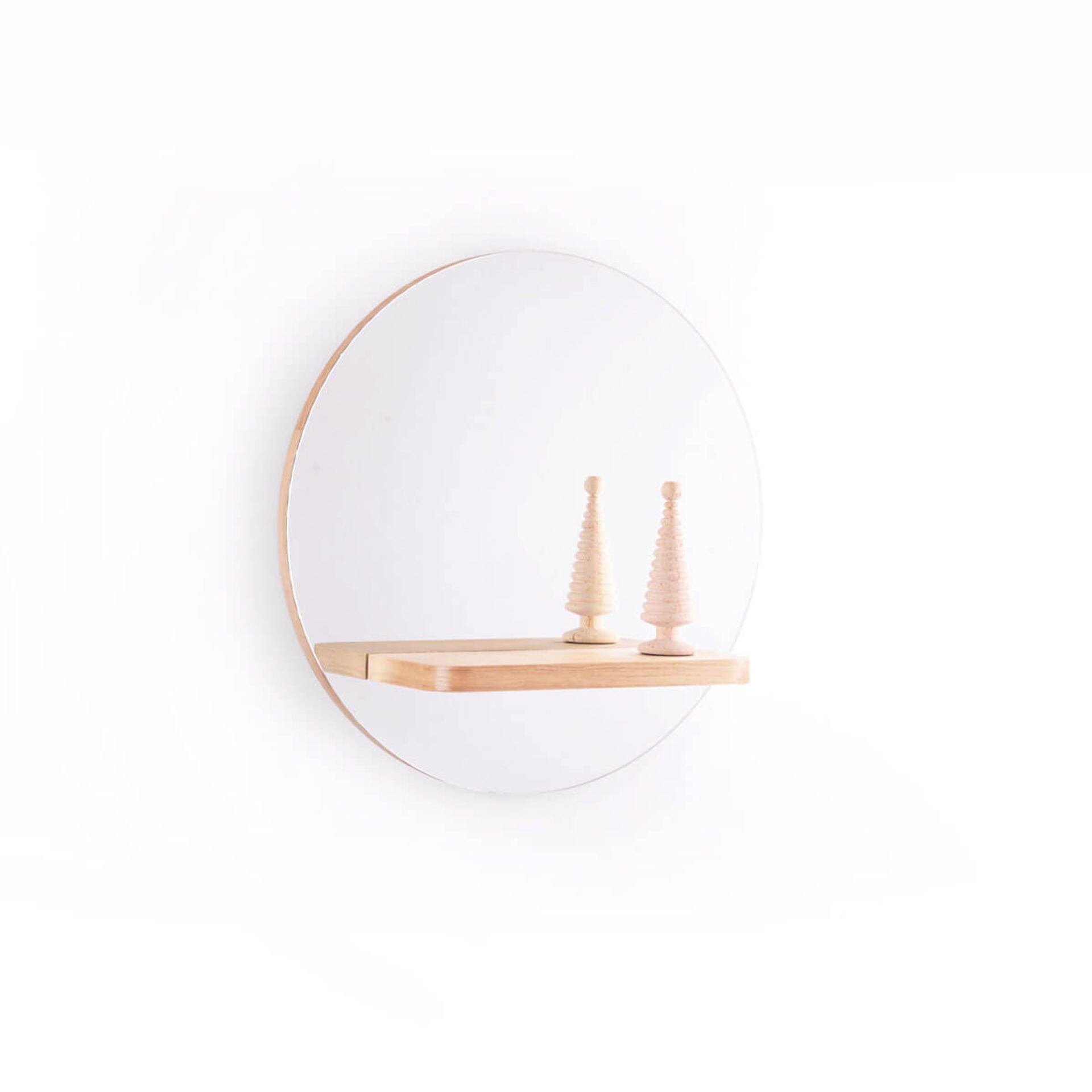 Yuvarlak Masif Meşe Raflı Ayna Raw - 50 CM