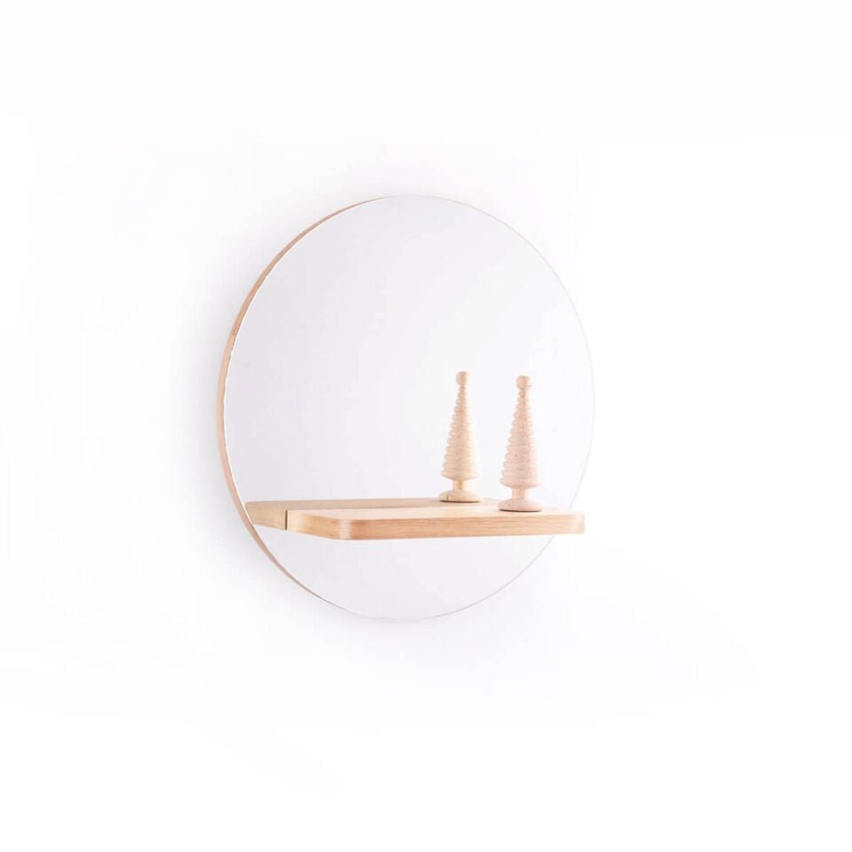 Yuvarlak Masif Meşe Raflı Ayna Raw - 50 CM