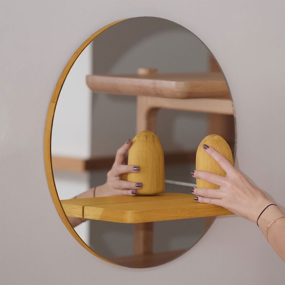 Yuvarlak Masif Meşe Raflı Ayna Honey - 50 CM