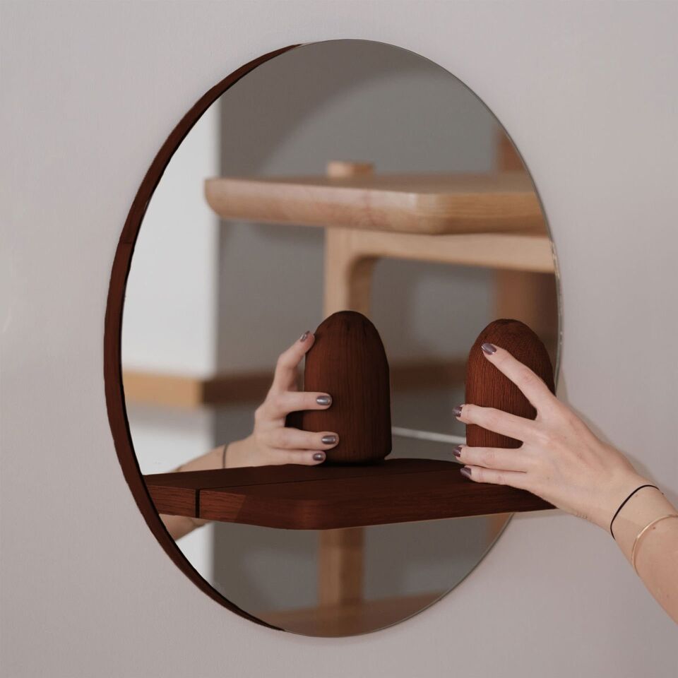 Yuvarlak Masif Meşe Raflı Ayna Forest - 50 CM