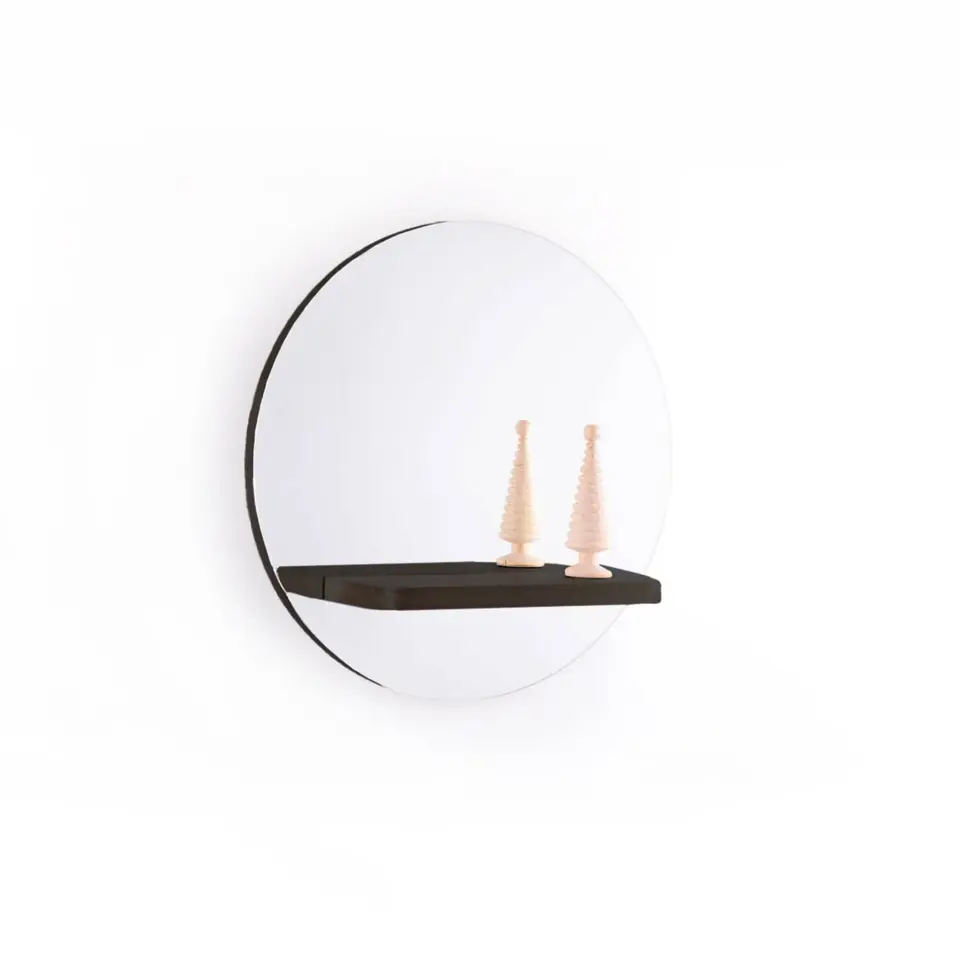 Yuvarlak Masif Meşe Raflı Ayna Black - 50 CM