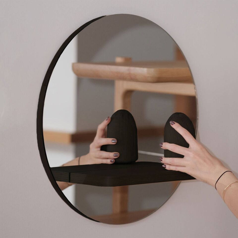 Yuvarlak Masif Meşe Raflı Ayna Black - 50 CM