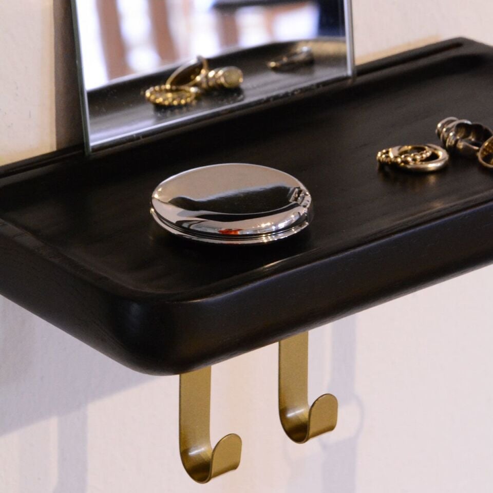 Aynalı Masif Meşe Uçan Raf Dark - 30x15 CM