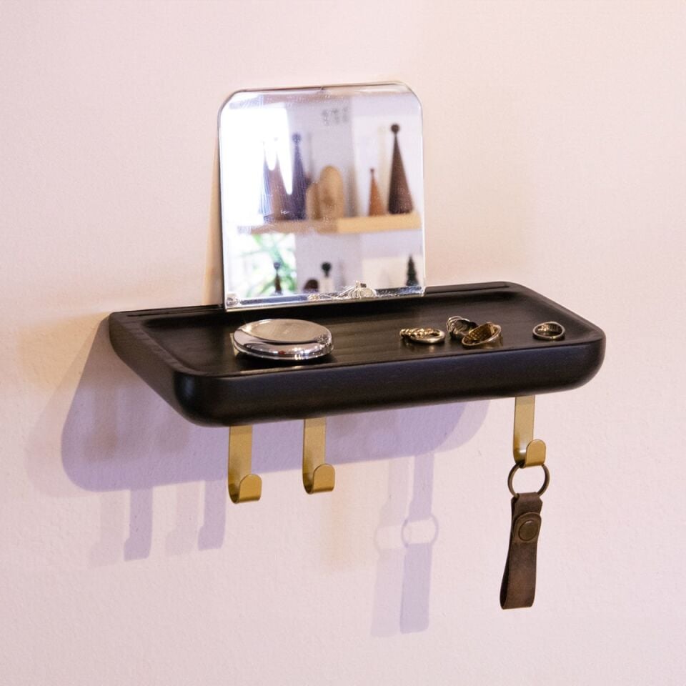 Aynalı Masif Meşe Uçan Raf Dark - 30x15 CM