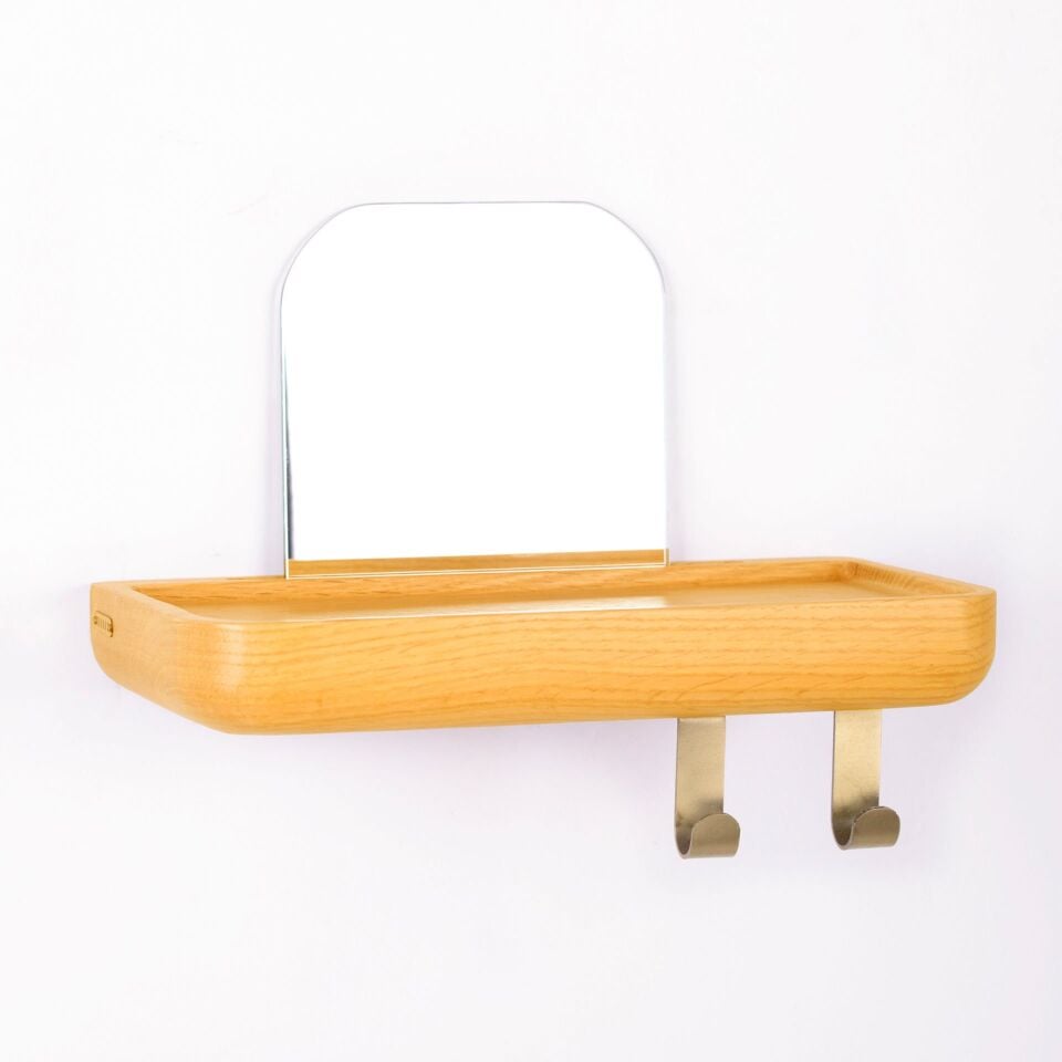 Aynalı Masif Meşe Uçan Raf Honey - 30x15 CM