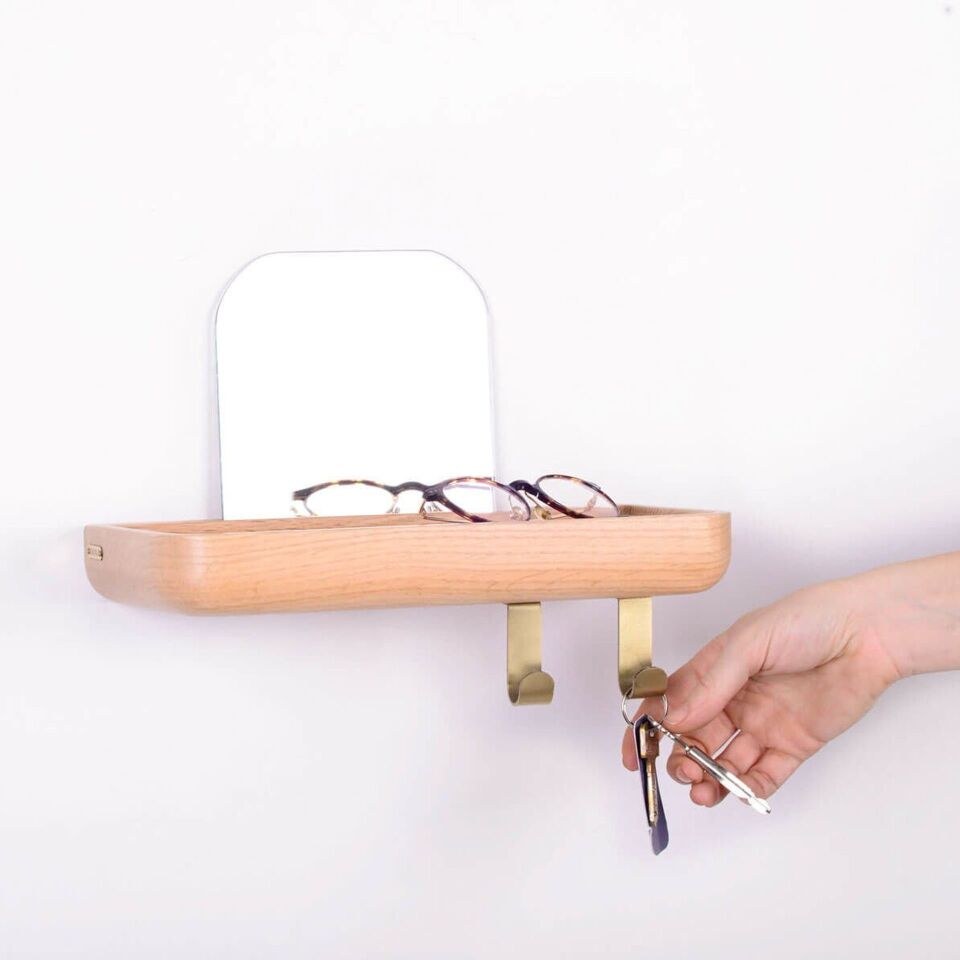 Aynalı Masif Meşe Uçan Raf Raw - 30x15 CM