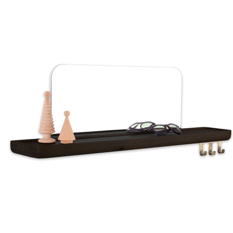 Aynalı Masif Meşe Uçan Raf Black - 60x15 CM