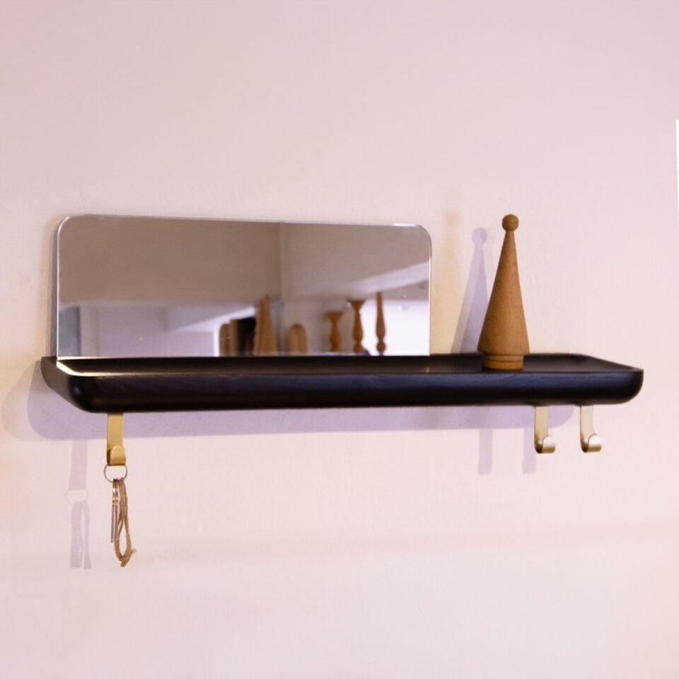 Aynalı Masif Meşe Uçan Raf Black - 60x15 CM