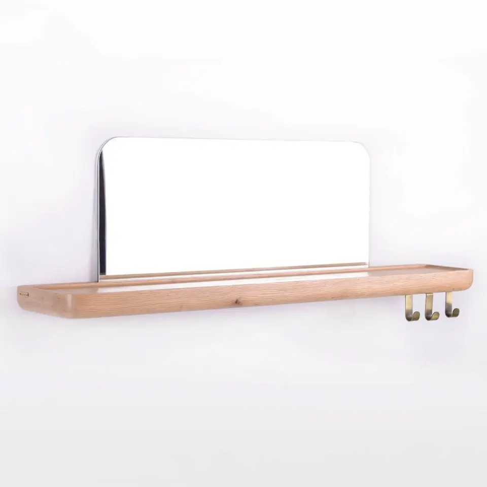 Aynalı Masif Meşe Uçan Raf Raw - 60x15 CM