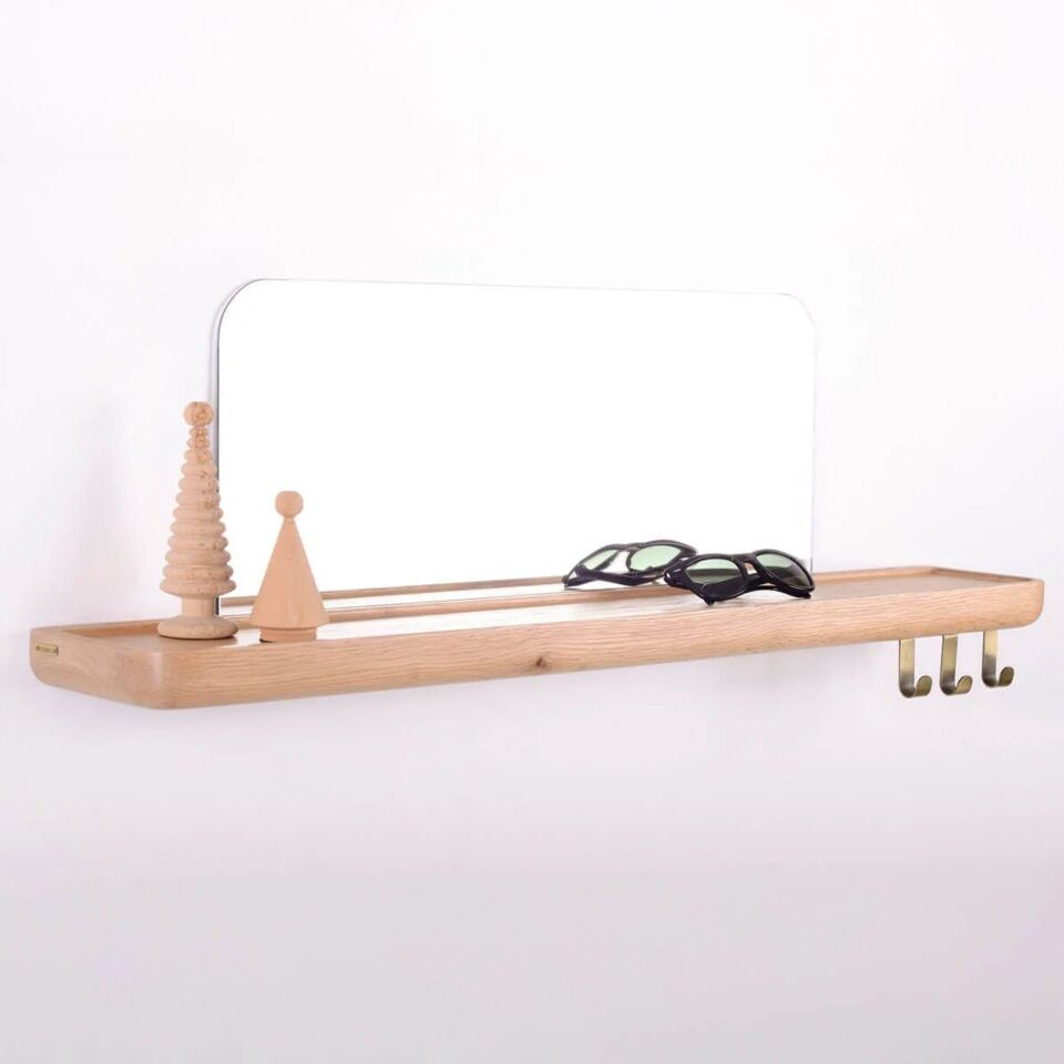 Aynalı Masif Meşe Uçan Raf Raw - 60x15 CM