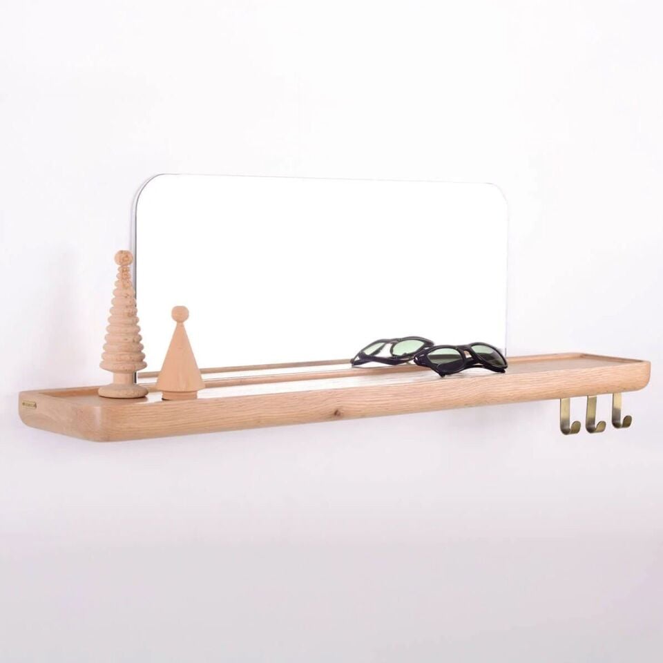 Aynalı Masif Meşe Uçan Raf Raw - 60x15 CM