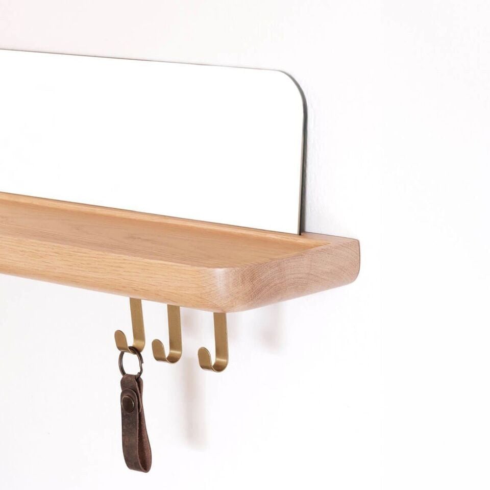 Aynalı Masif Meşe Uçan Raf Raw - 60x15 CM