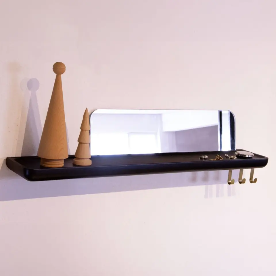 Aynalı Masif Meşe Uçan Raf Black - 90x15 CM