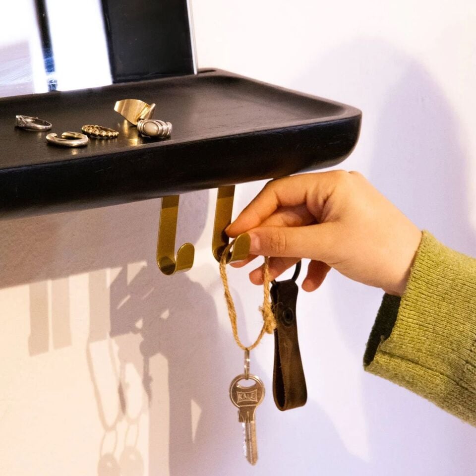 Aynalı Masif Meşe Uçan Raf Dark - 90x15 CM