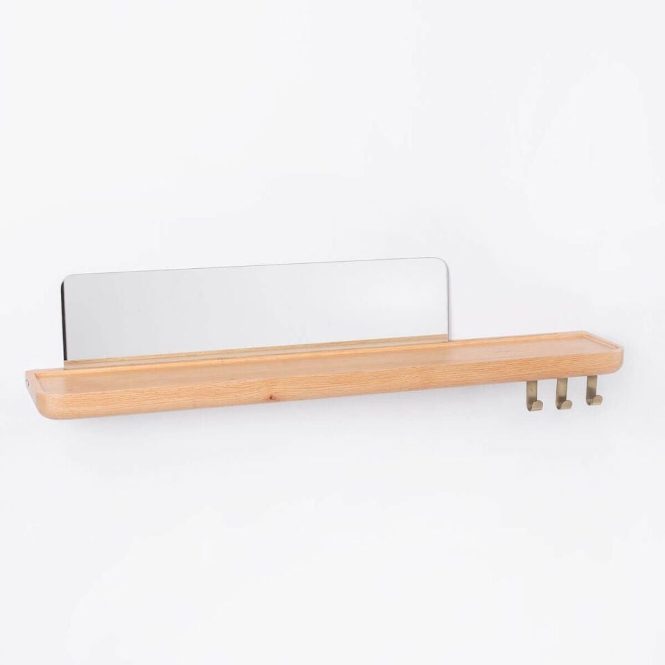 Aynalı Masif Meşe Uçan Raf Raw - 90x15 CM