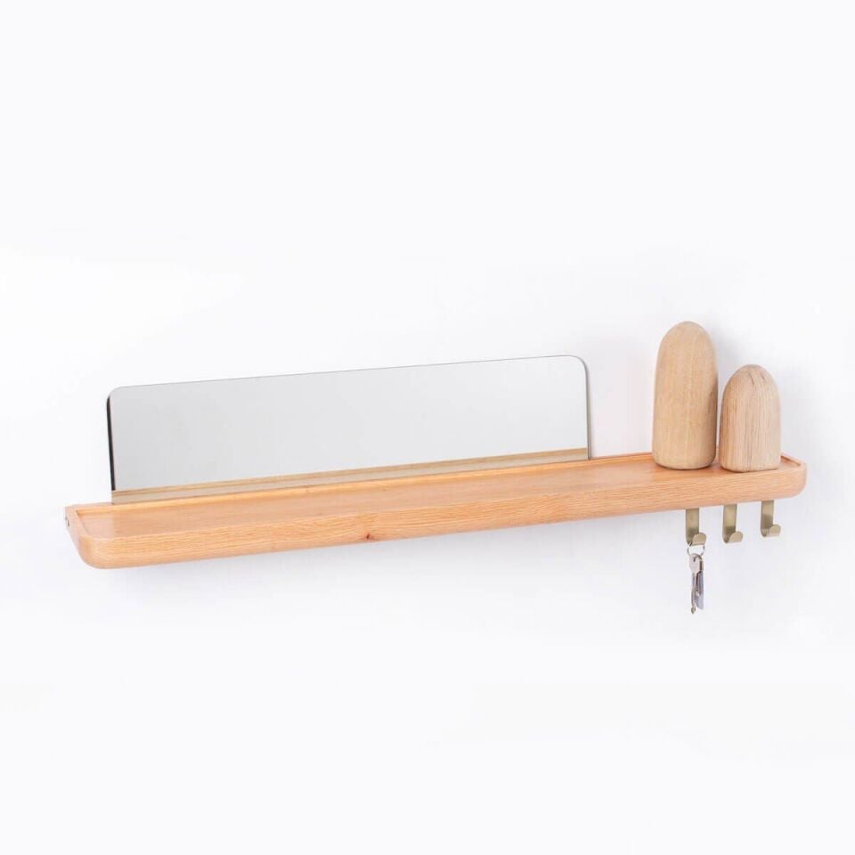 Aynalı Masif Meşe Uçan Raf Raw - 90x15 CM