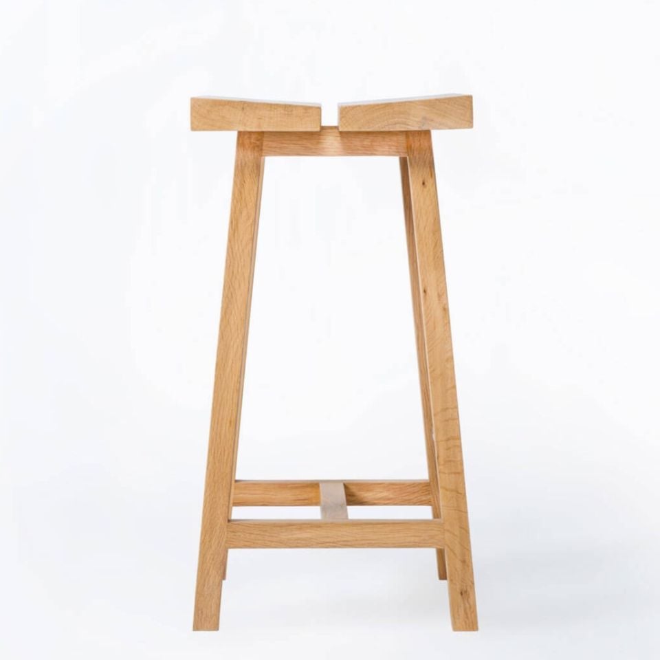 Solid Oak Low Bar Stool – PI Series, Brass Detail