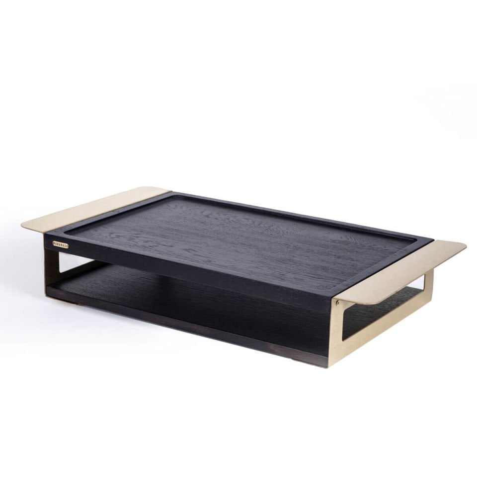 Wooden Serving Tray Set, Gold Antique Detail