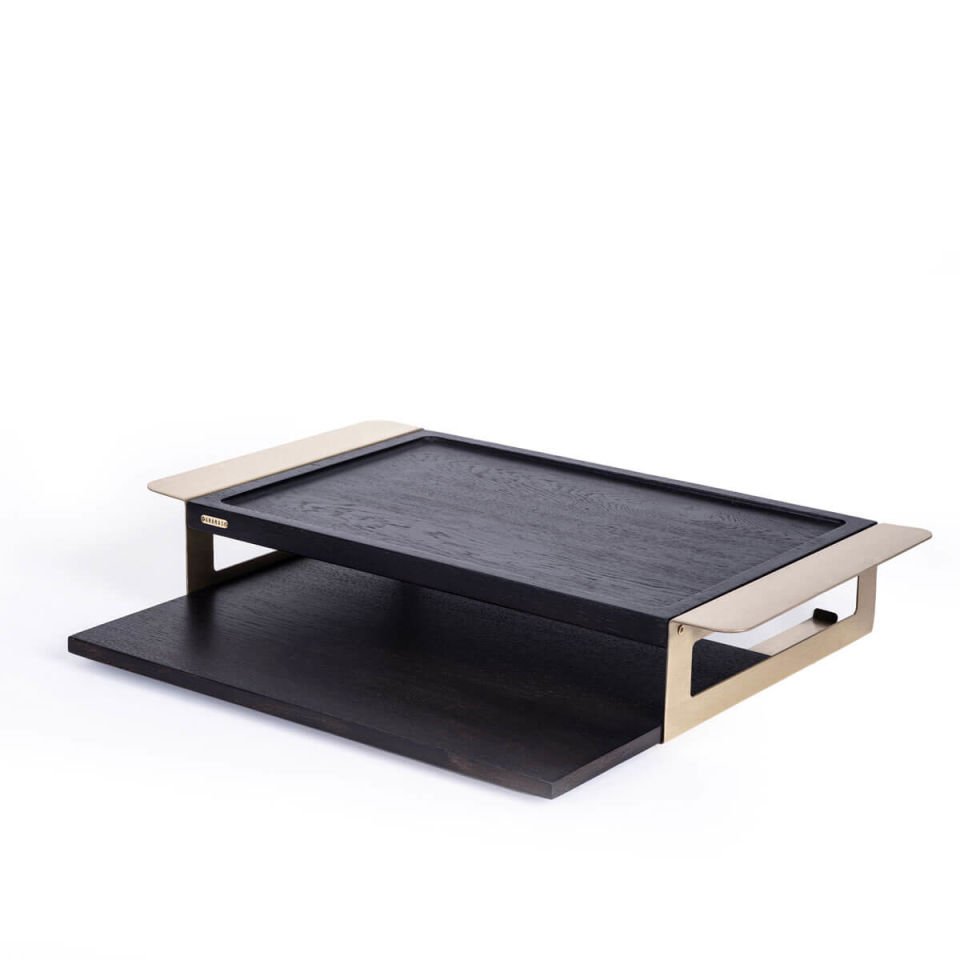 Wooden Serving Tray Set, Gold Antique Detail