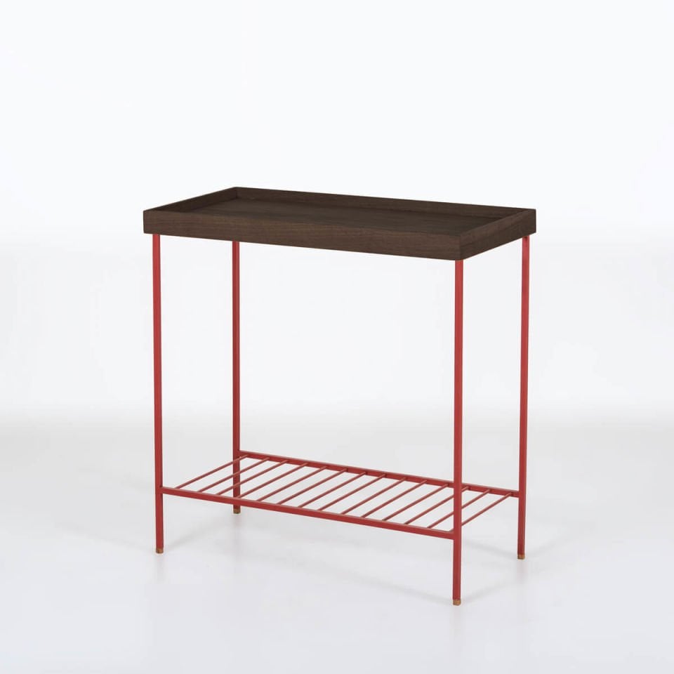 Masif Ahşap Geniş Yan Sehpa / Saksılık – EDGE Serisi, Renkli Metal Ayaklı