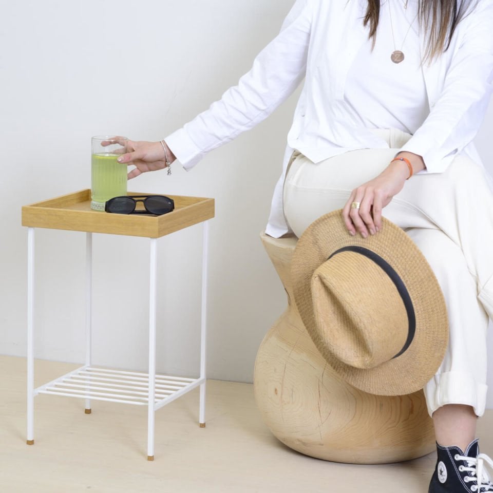 Solid Oak Medium Size Side Table / Flower Pot – EDGE Series, Metal Legs