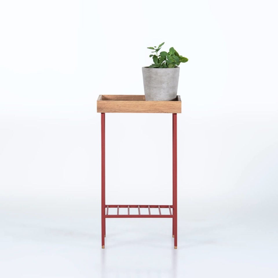 Solid Oak Medium Size Side Table / Flower Pot – EDGE Series, Coloured Metal Legs