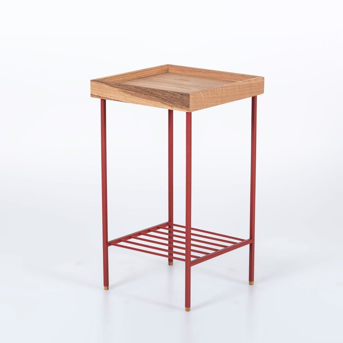 Solid Oak Medium Size Side Table / Flower Pot – EDGE Series, Coloured Metal Legs