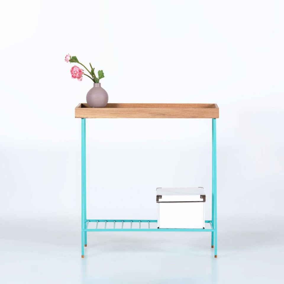 Masif Ahşap Geniş Yan Sehpa / Saksılık – EDGE Serisi, Renkli Metal Ayaklı YEŞİL - Raw