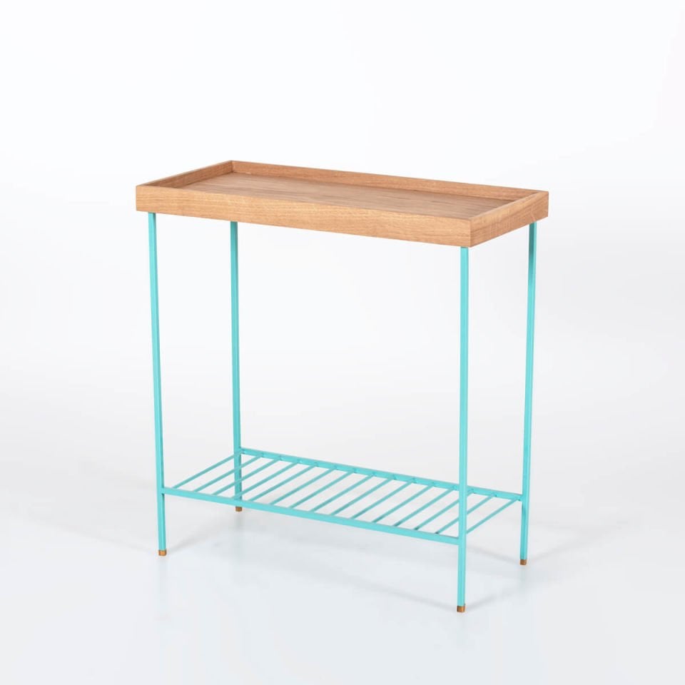 Masif Ahşap Geniş Yan Sehpa / Saksılık – EDGE Serisi, Renkli Metal Ayaklı YEŞİL - Raw