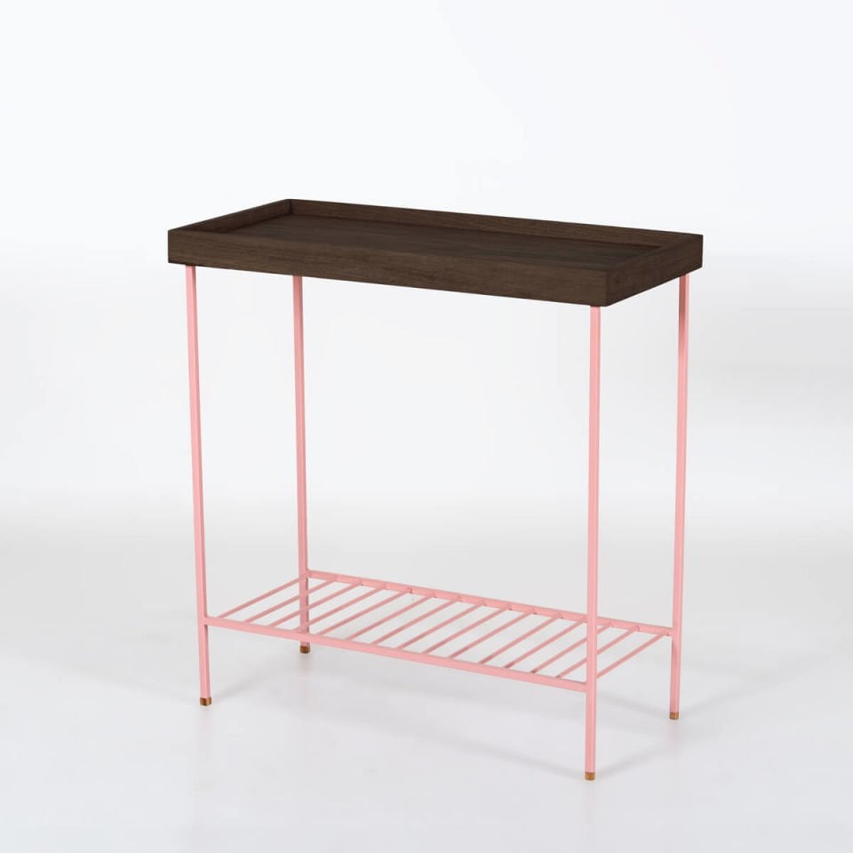 Masif Ahşap Geniş Yan Sehpa / Saksılık – EDGE Serisi, Renkli Metal Ayaklı PEMBE - Dark