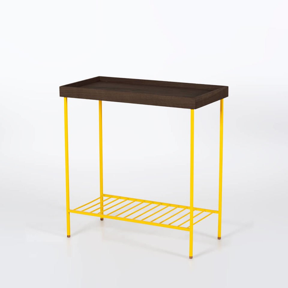 Masif Ahşap Geniş Yan Sehpa / Saksılık – EDGE Serisi, Renkli Metal Ayaklı SARI - Dark