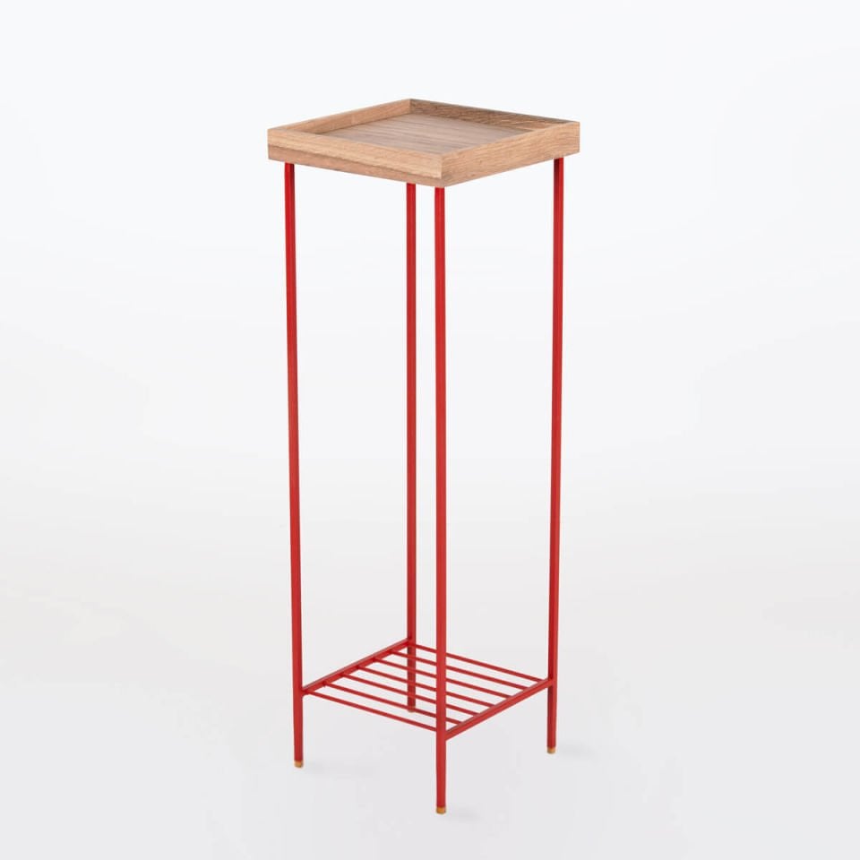 Masif Ahşap Uzun Yan Sehpa – EDGE Serisi, Renkli Metal Ayaklı Raw - KIRMIZI