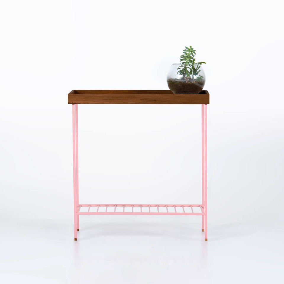 Solid Wood Wide Side Table / Flower Pot – EDGE Series, Forest with Colorful Metal Legs – PINK