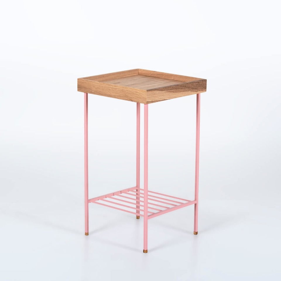 Solid Oak Medium Size Side Table / Flower Pot – EDGE Series, Coloured Metal Legs