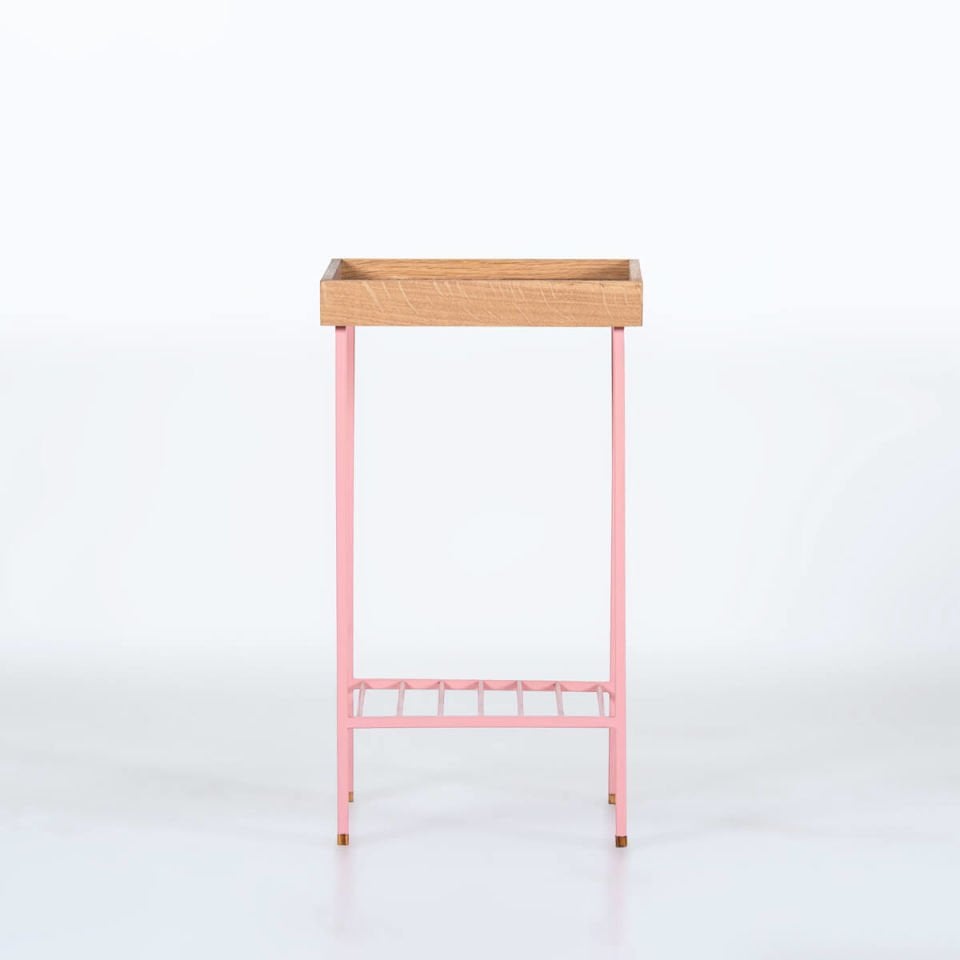 Solid Oak Medium Size Side Table / Flower Pot – EDGE Series, Coloured Metal Legs