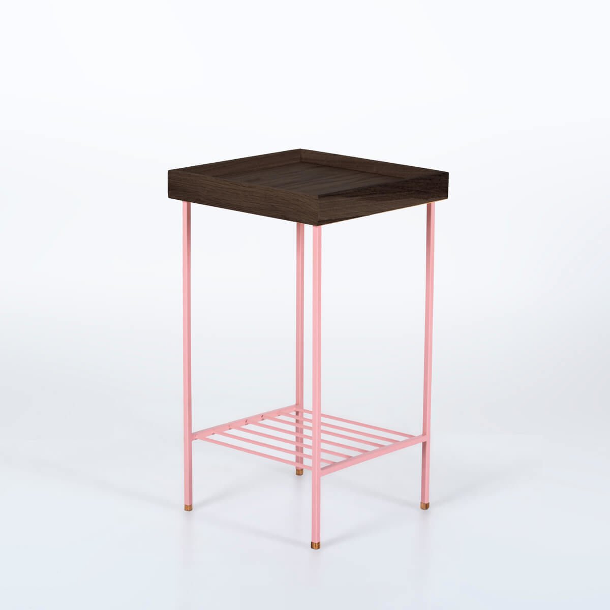 Solid Oak Medium Size Side Table / Flower Pot – EDGE Series, Dark with Colored Metal Legs - PINK