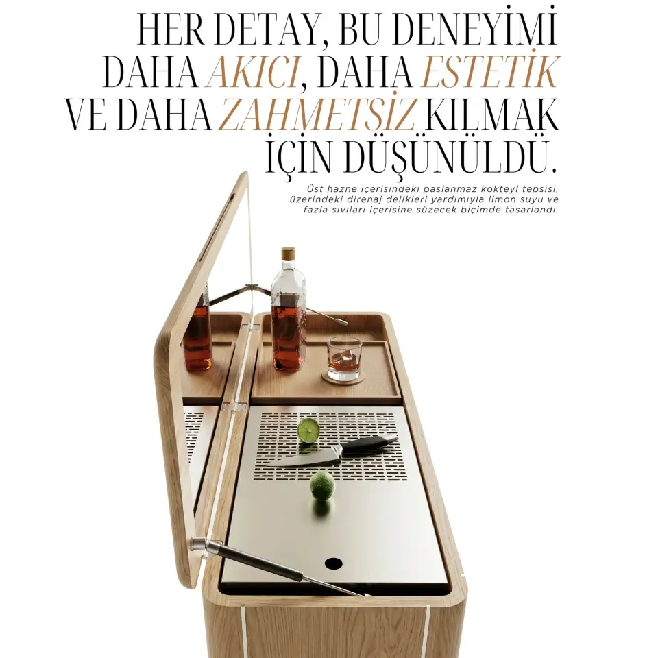 Ayna Kapaklı Masif Ahşap Yatay İçki / Kokteyl Dolabı - CASABLANCA Mix Vitrin Serisi Raw