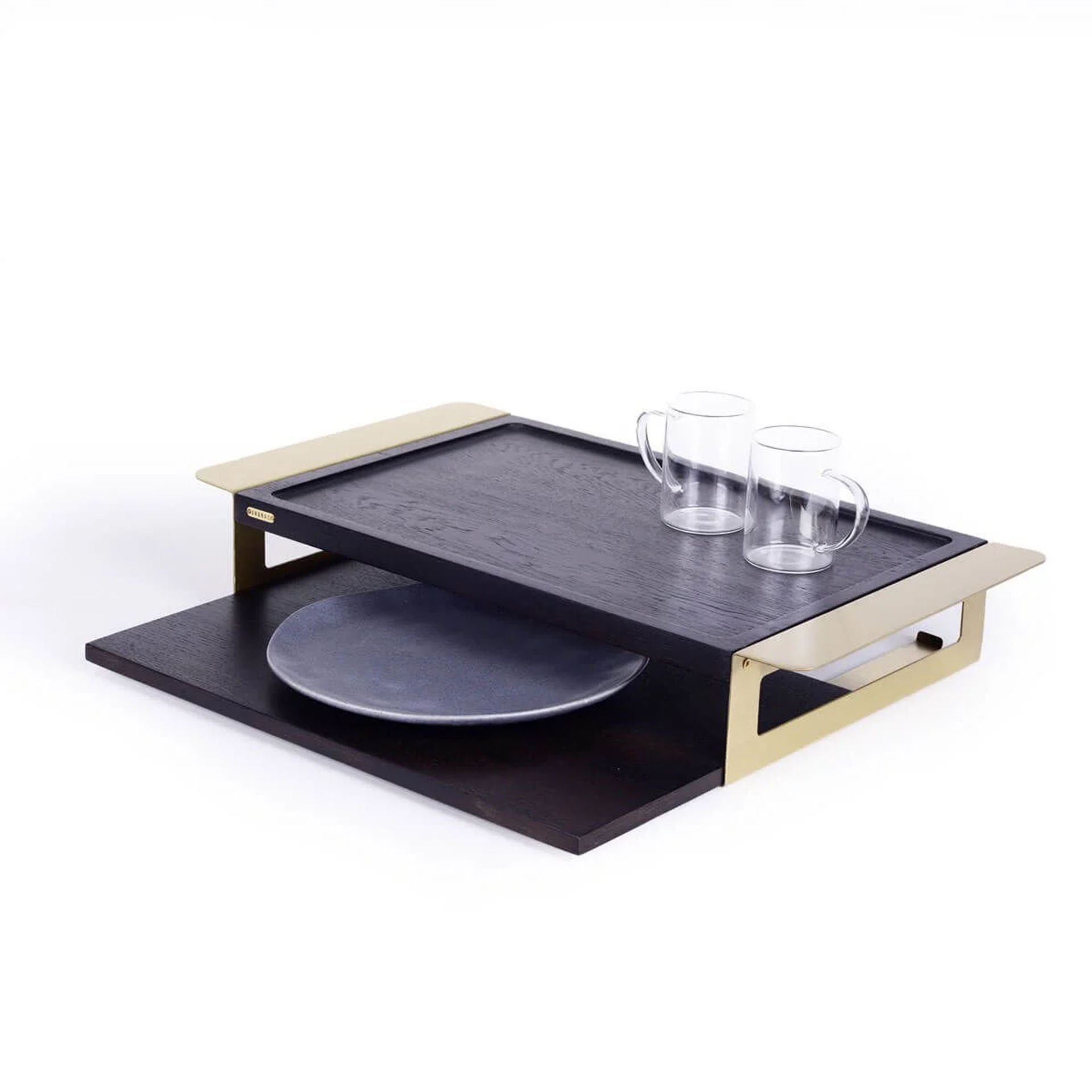 Wooden Serving Tray Set, Gold Antique Detail Dark