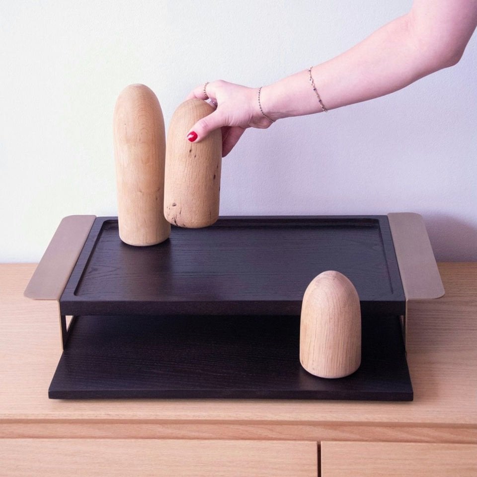 Wooden Serving Tray Set, Gold Antique Detail Dark