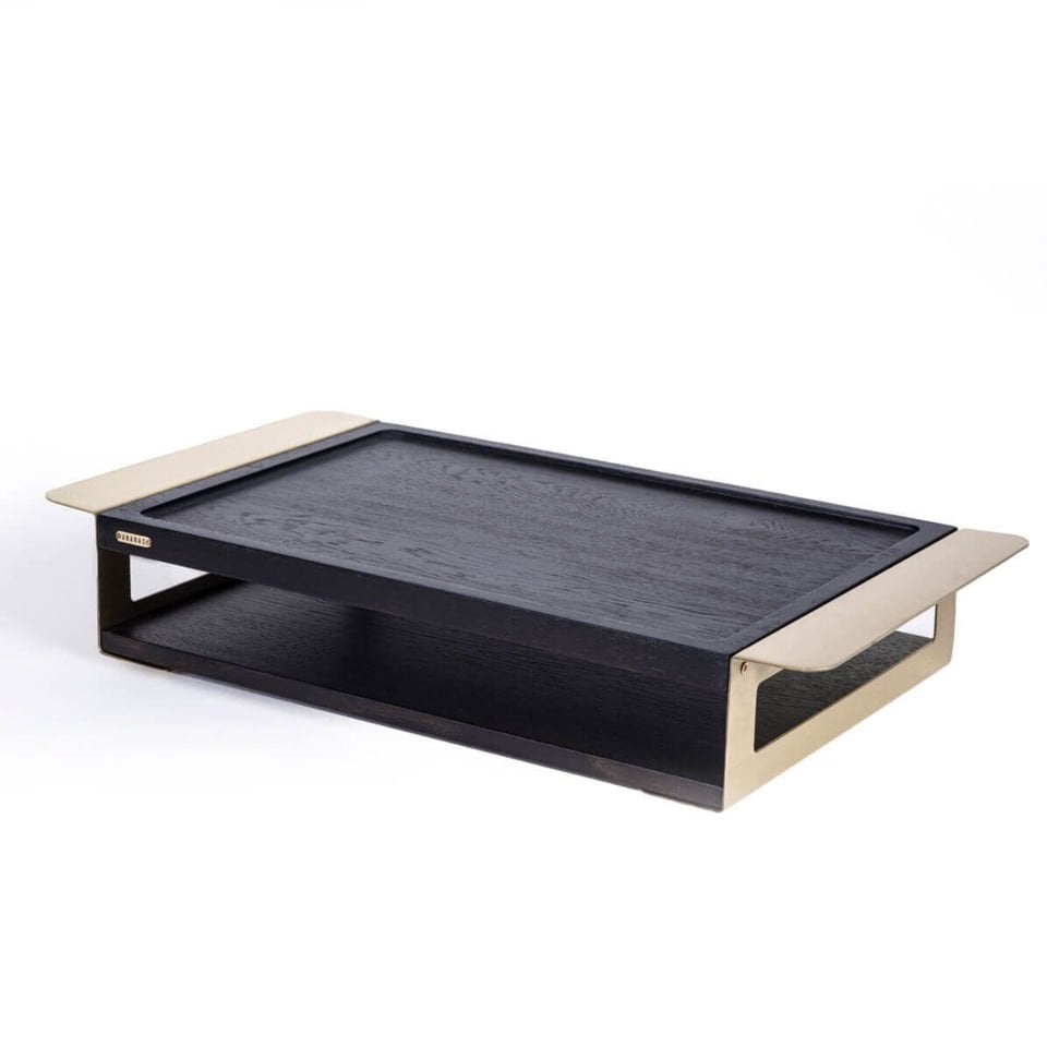 Wooden Serving Tray Set, Gold Antique Detail Dark