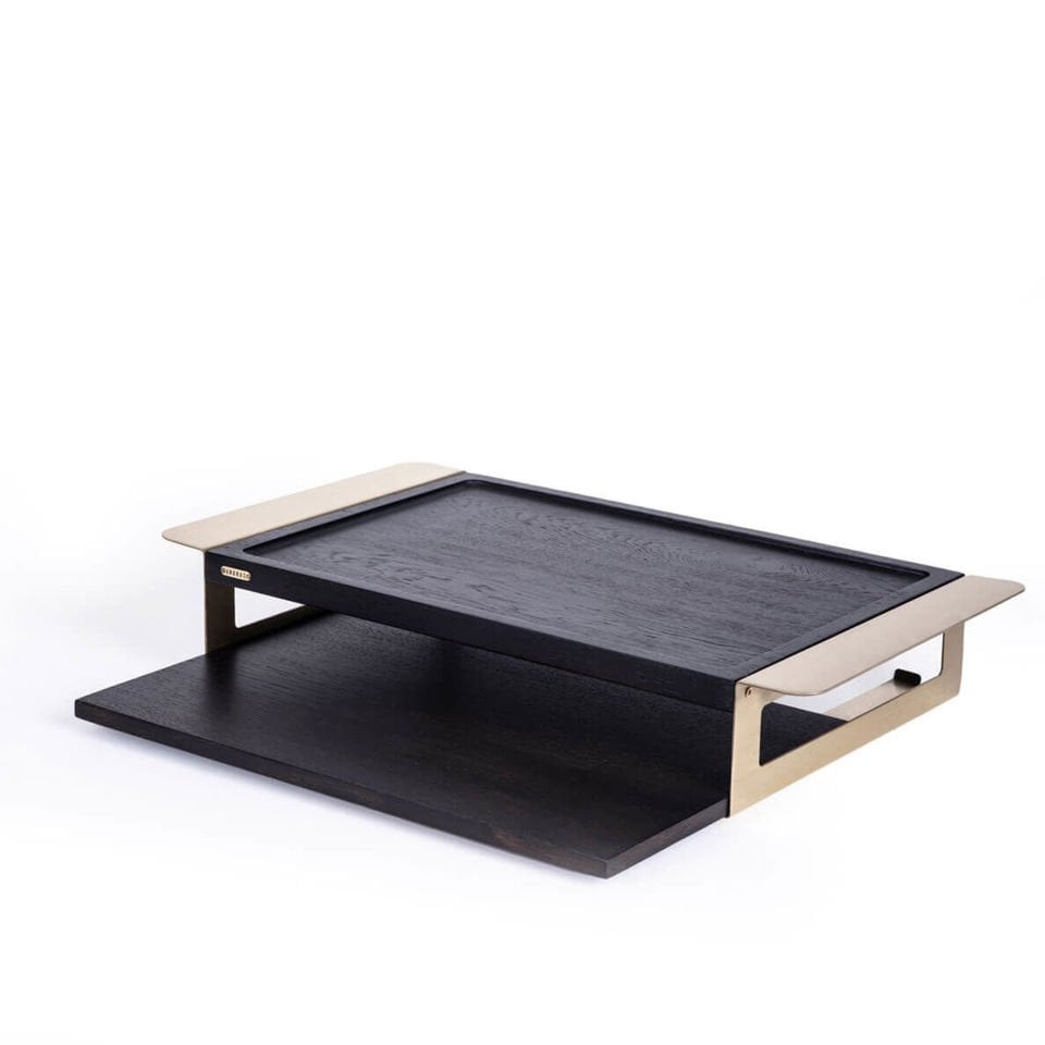 Wooden Serving Tray Set, Gold Antique Detail Dark
