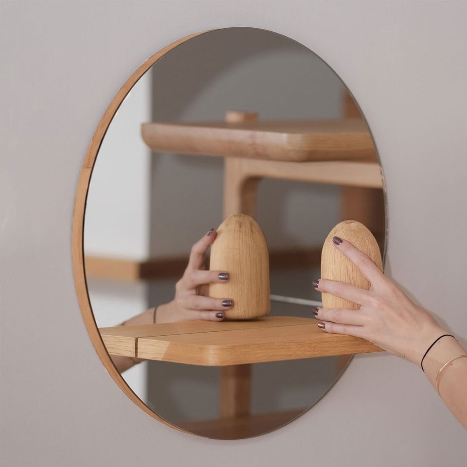 Raflı Ayna – Yuvarlak, Meşe, 50 cm Raw