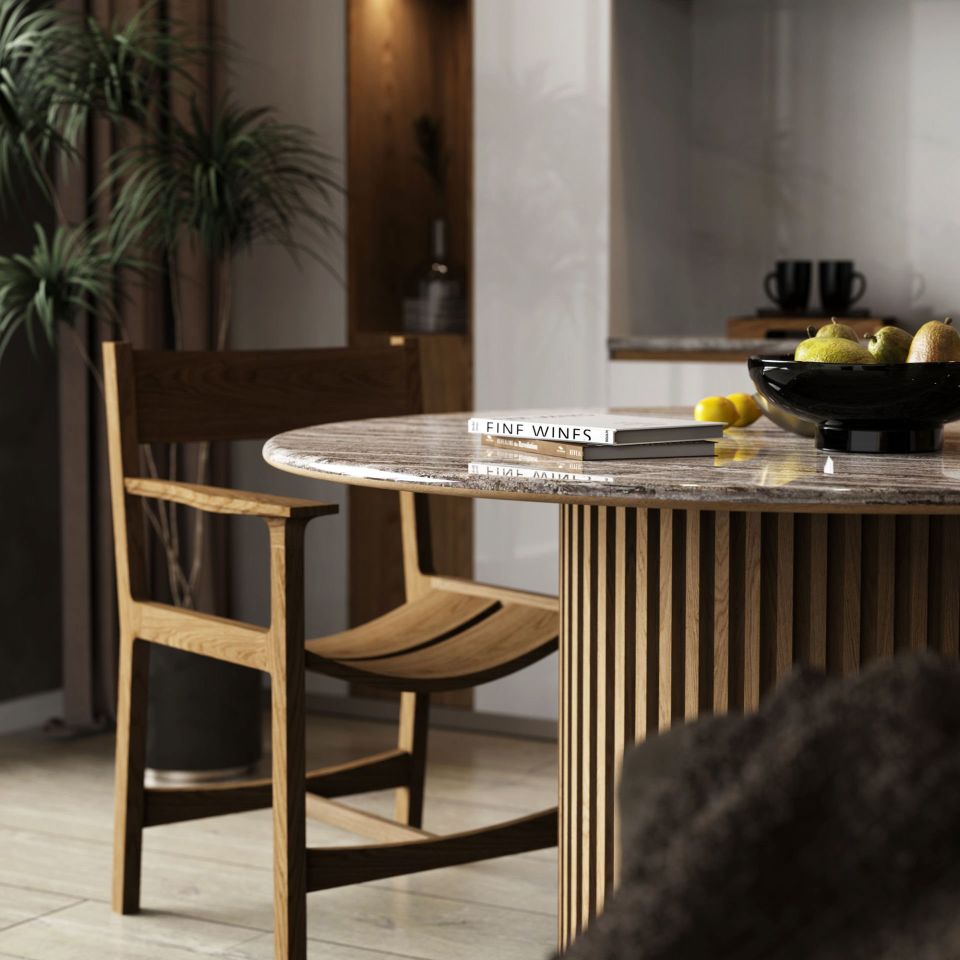 Masif Ahşap Yuvarlak Masa, Traverten - DOCIA Serisi Raw