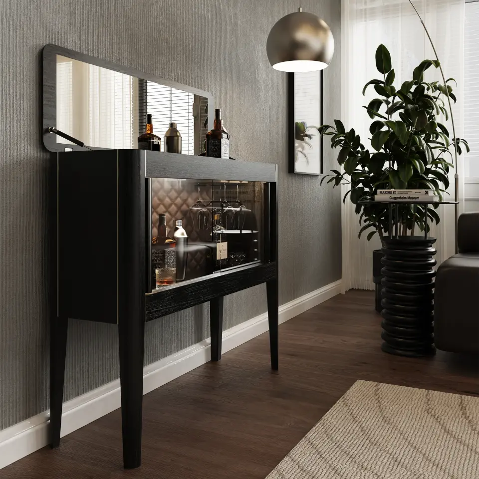 Masif Meşe Yatay İçki Dolabı - CASABLANCA Mix Vitrin Serisi Black