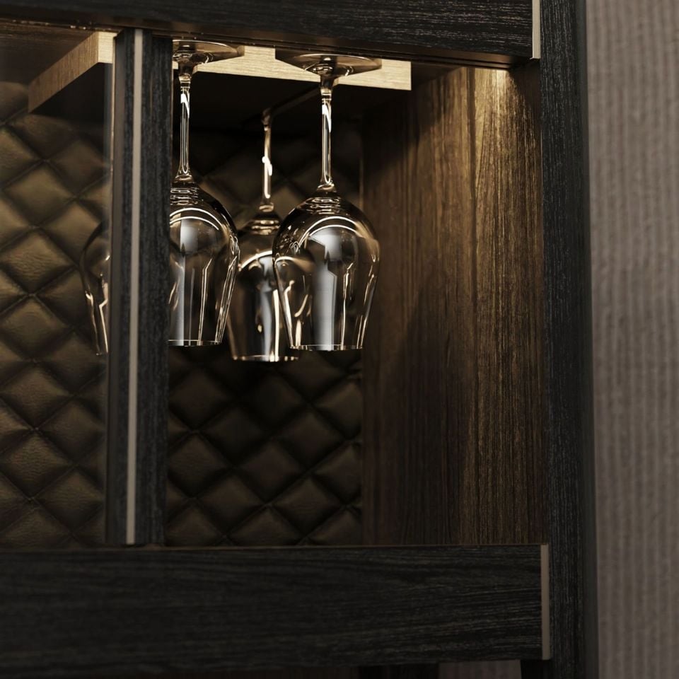 Masif Meşe Yatay İçki Dolabı - CASABLANCA Mix Vitrin Serisi Black